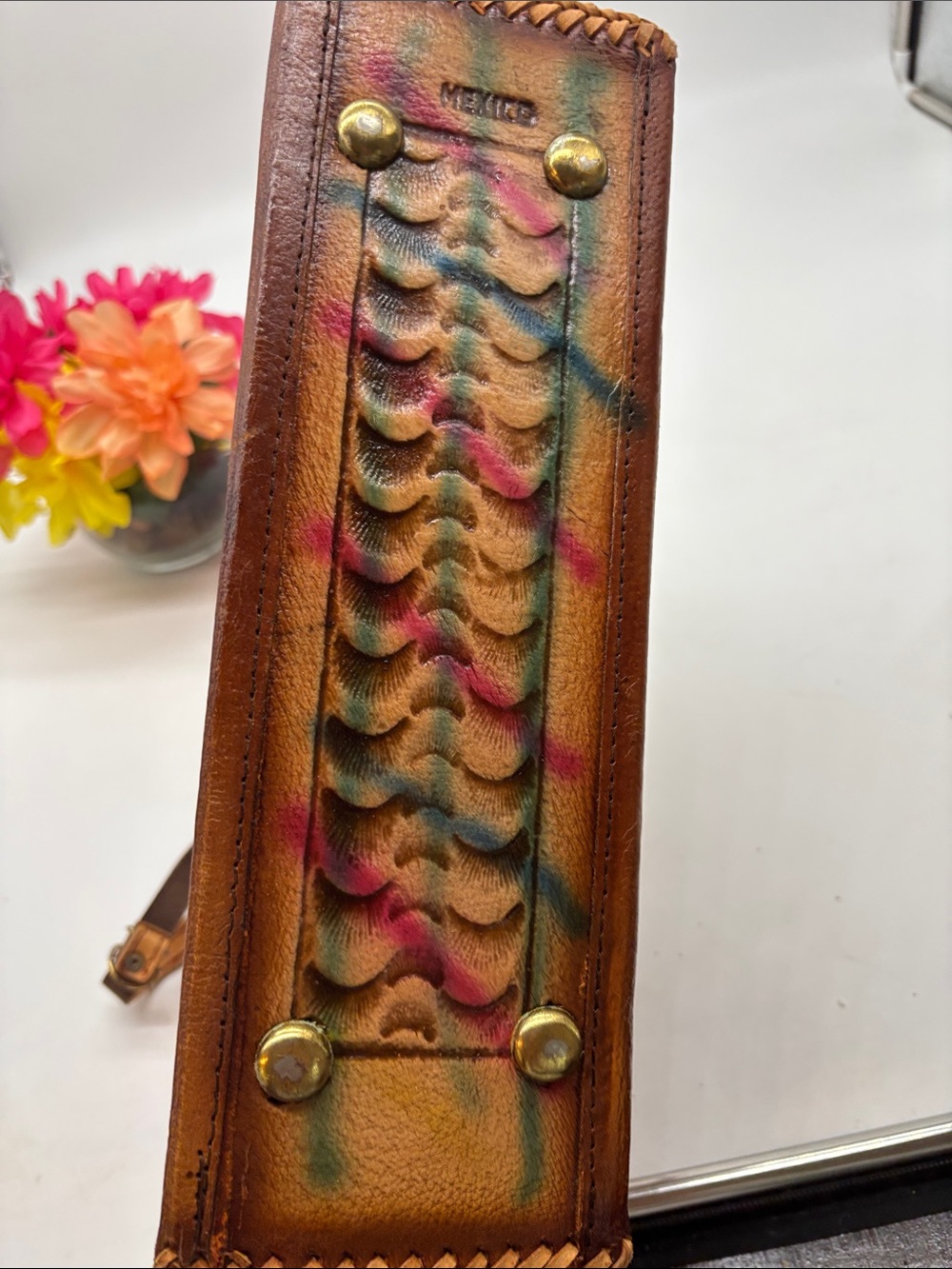 Vintage Mexican Hand-Tooled Floral Leather Crossbody Bag - Tan Multicolor Floral - Picture 11 of 14